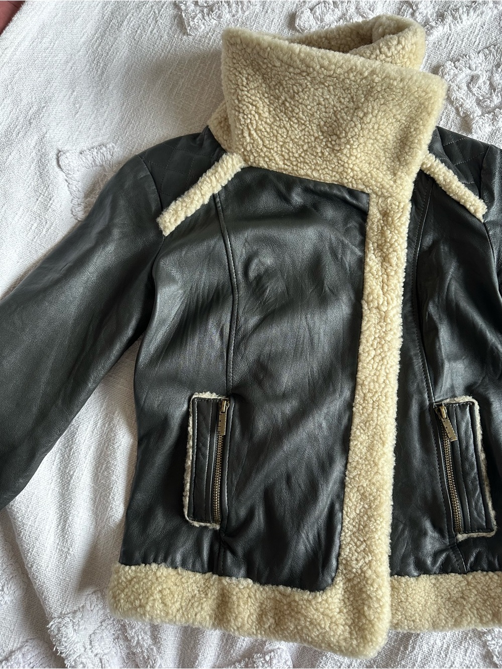 Mike Gonzalez Made in USA Brown Grey Goat suede Shearling Style Moto Jacket Med
